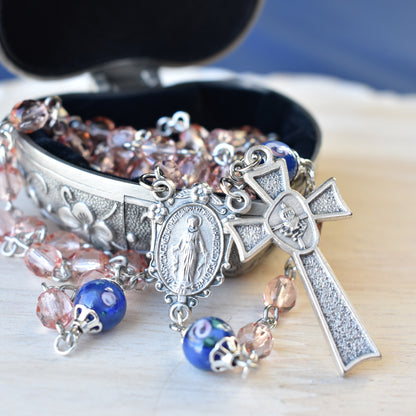 Blush and Blue Rosette 1st Communion Rosary