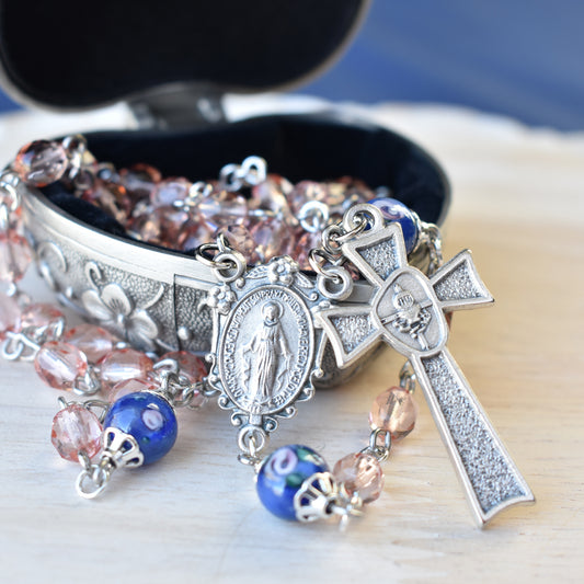 Blush and Blue Rosette 1st Communion Rosary