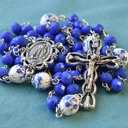 Our Lady of Lourdes Blue Floral Rosary