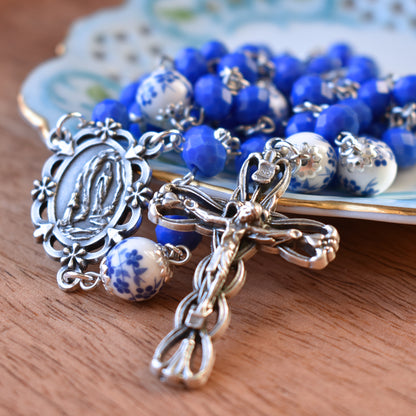 Our Lady of Lourdes Blue Floral Rosary