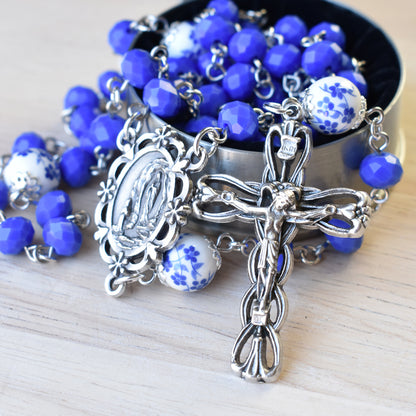 Our Lady of Lourdes Blue Floral Rosary
