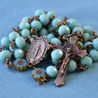 Aqua Glass Flower Rosary