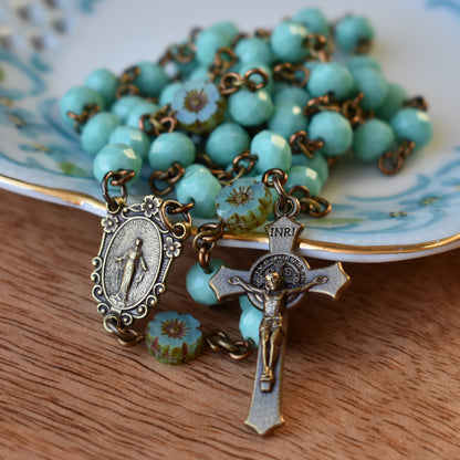 Aqua Glass Flower Rosary