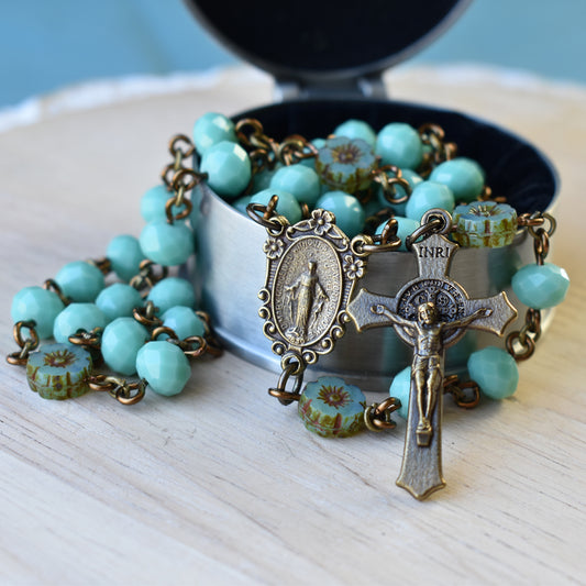 Aqua Glass Flower Rosary