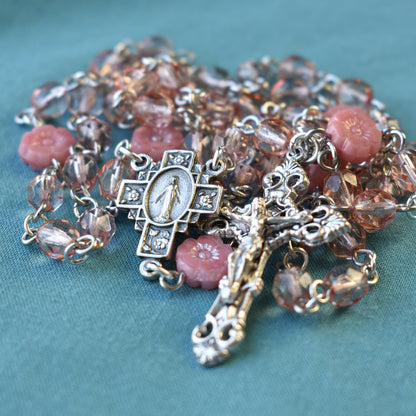 Pink Glass Flower Rosary