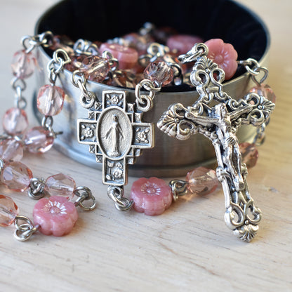 Pink Glass Flower Rosary