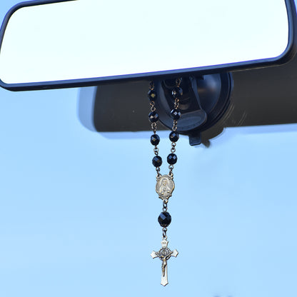 Rearview Rosary™ Black, Vintage Bronze Sacred Heart