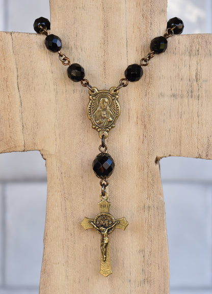 Rearview Rosary™ Black, Vintage Bronze Sacred Heart
