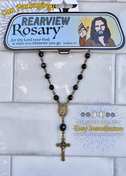 Rearview Rosary™ Black, Vintage Bronze Sacred Heart